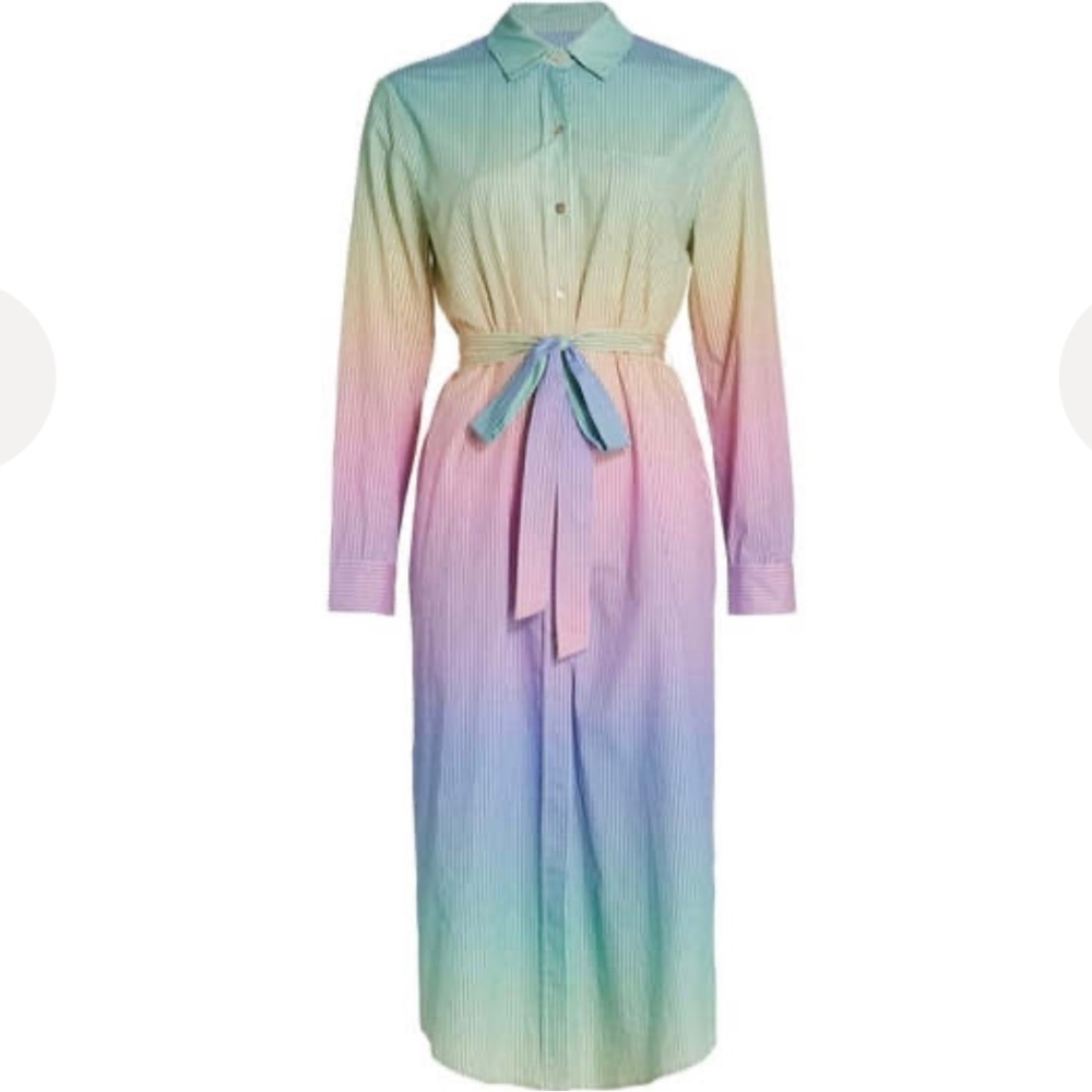 LE SUPERBE rainbow stripe girlfriend cover up midi shirt dress with belt new